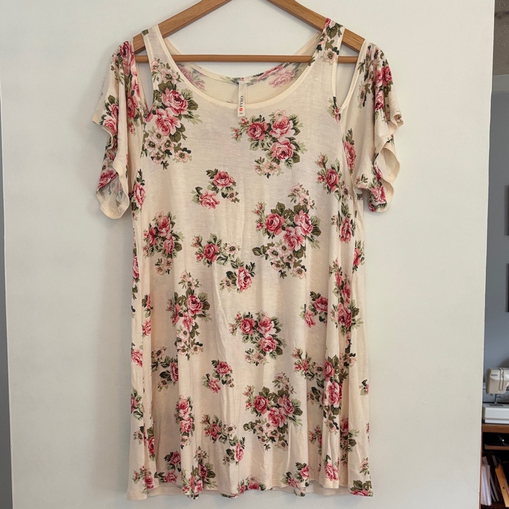 Gilli Cream Tunic with Pink Rose Print and Cold-Shoulder Detail